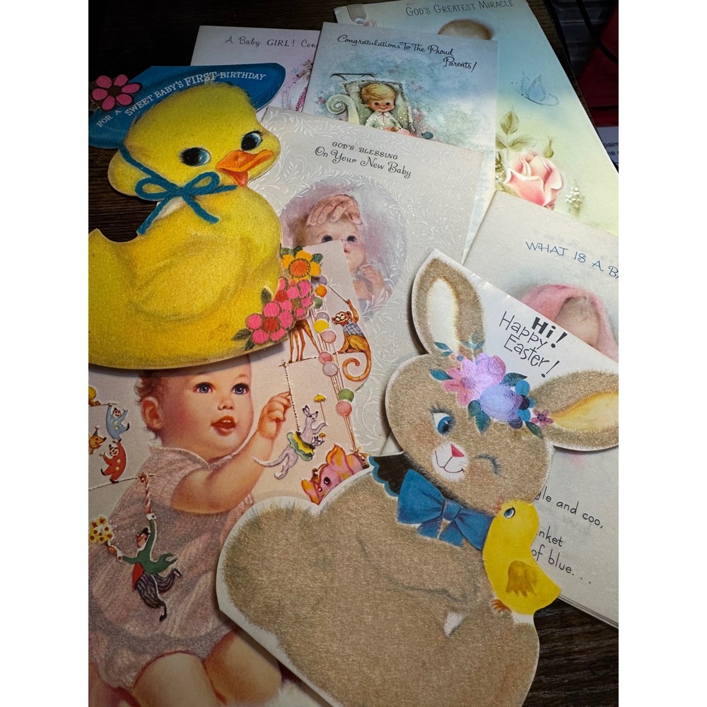 Vintage 1960s Greeting Card Lot 8 Flocked Die Cut Baby Birthday Easter Ephemera